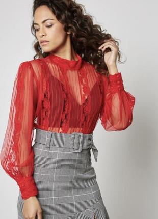 Кружевная тюлевая блуза с обьемными рукавами и воротником стойкой3 фото