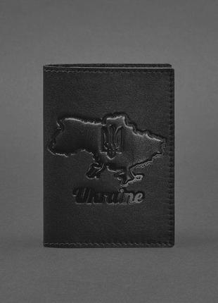 Шкіряна обкладинка для паспорта з картою українськи чорний крат