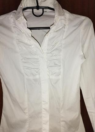 Белая рубашка хлопковая полуприталенная рубашка облигающая с рюшами6 фото