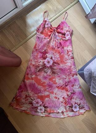 Платье сарафан цветочный принт гавайский тонкие бретели нежное