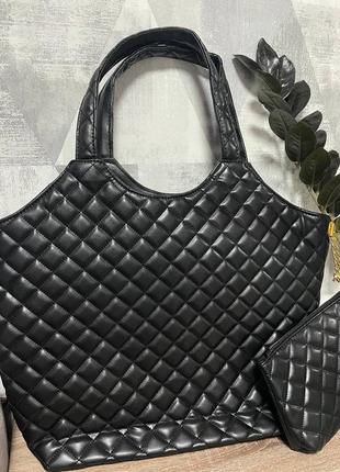 Черная сумка шоппер большая из эко кожи в стиле юсле сумка с кошельком в стиле ивселеран yves saint laurent юсл10 фото