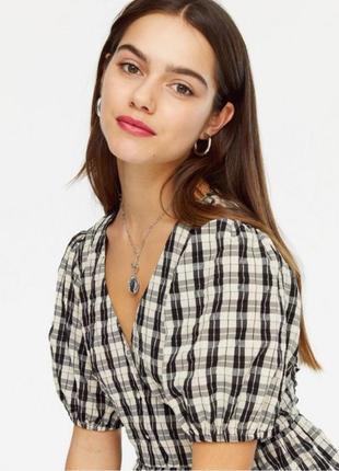 Воздушная клетчатая блуза блузка с пышными короткими рукавами3 фото