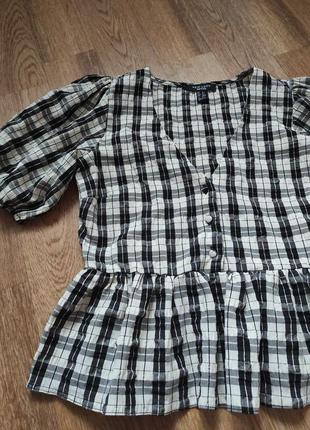 Воздушная клетчатая блуза блузка с пышными короткими рукавами7 фото