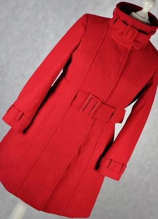 Темно-красное шерстяное демисезонное пальто с поясом и карманами marks & spencer этикетка1 фото