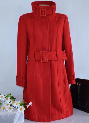 Темно-красное шерстяное демисезонное пальто с поясом и карманами marks & spencer этикетка2 фото