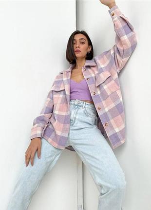 Розово-фиолетовая рубашка женская в клетку оверсайз кашемировая