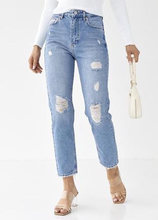 Женские рваные джинсы мом с высокой талией1 фото