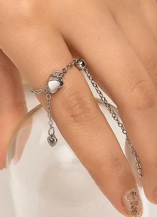 Кольцо цепочка сердце регулируется, колечко цепь висюлька серебро трендовое кольцо цепь 9252 фото