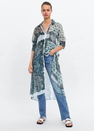 Довга сорочка в принт пейслі шифонова рубашка міді zara прозрачная накидка пляжная рубашка-платье кардиган блуза