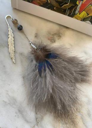 Закладка для книг с натуральным агатом и пером павлина ′павлиний пух′