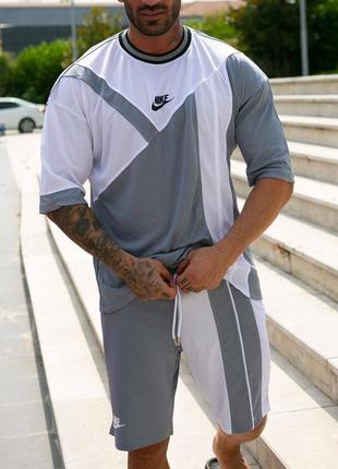 Чоловічий комплект футболка + шорти / якісний комплект nike в біло-сірому кольорі на літо