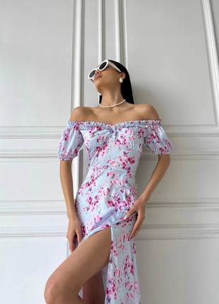 Нарядное платье миди из шелка с открытыми плечами в цветочный принт2 фото