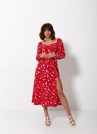 Стильное красное женское платье длины миди с узором 42-484 фото