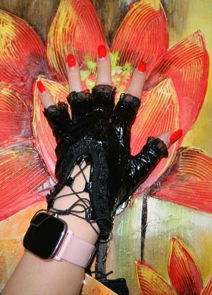 Митенки перчатки без пальцев новые черные натуральная кожа на шнуровке8 фото