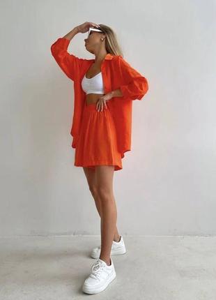 Женский деловой стильный классный классический удобный модный трендовый костюм модный шортики шорты и рубашка сорочка голубой оранжевый4 фото