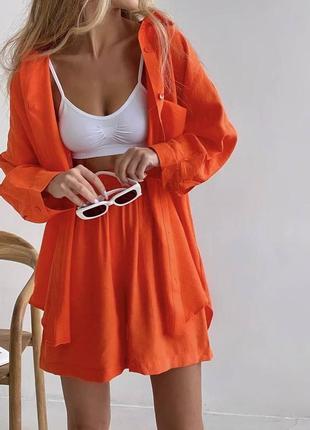 Женский деловой стильный классный классический удобный модный трендовый костюм модный шортики шорты и рубашка сорочка голубой оранжевый3 фото