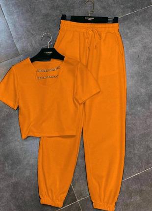 Женский костюм классический спортивный спорт повседневный удобный качественный брюки штанишки и и + футболка белый оранжевый
