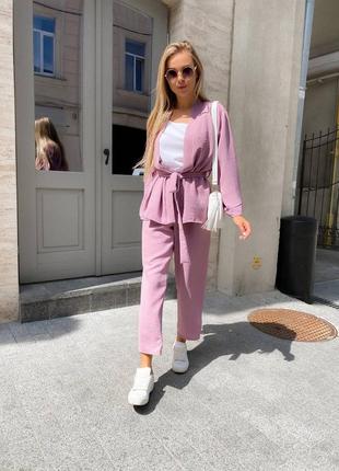 Костюм тройка брючный летний синий хаки розовый кроп топ майка кофточка блуза брюки штаны рубашка кардиган кофта кимоно