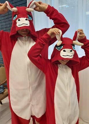 Пижама кигуруми унисекс красная корова (бык) на флисе с молнией от 80 см для детей и взрослых