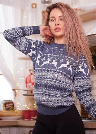 Светр жіночий зимовий з оленями джинсовий колір (hd-1-3)