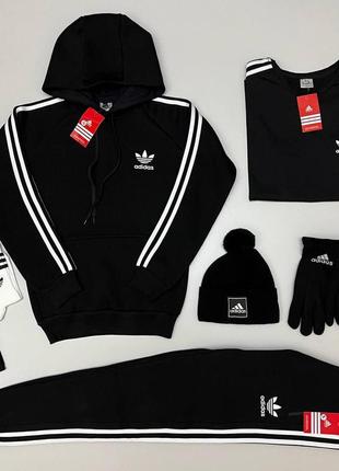 Набор adidas (адидас) зима 7 в 1: свитшот штаны футболка шапка перчатки носки 2 пары черный (hd-391-3)