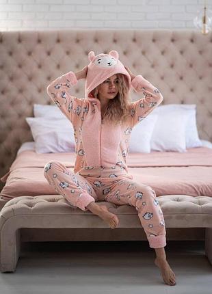 Пижама комбинезон с карманом (вырезом) на попе теплая персиковая с овечками s, m, l, xl (hd-182)