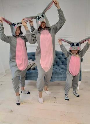 Пижама кигуруми серый заяц для детей от 80 см и взрослых, женская и мужская из качественного велсофта (ll-134)