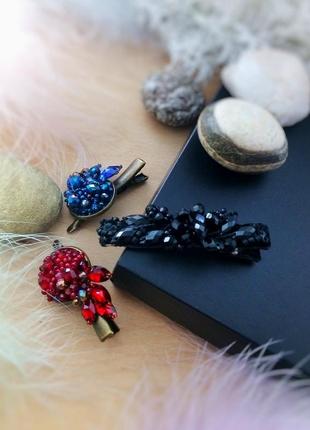 Цветок ночи две заколки вышивка пара для тонких волос чёрный вечернее украшение на выпускной торжество стильный подарок6 фото