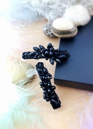 Цветок ночи две заколки вышивка пара для тонких волос чёрный вечернее украшение на выпускной торжество стильный подарок