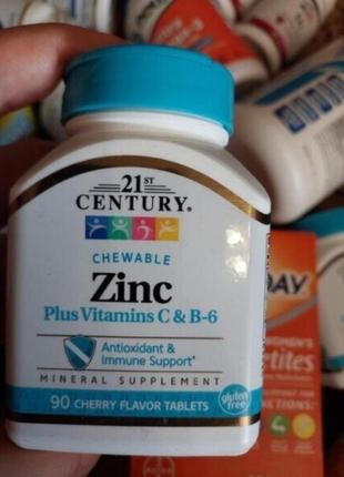 21st century, zinc,цинк плюс вітаміни c і b-6 b6 вишневий смак, 90 жувальних таблеток