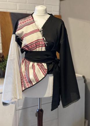 Льняний жакет в етно стилі з бахромою та рукавами кльош6 фото