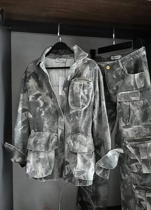 Куртка джинсова в стилі the attico подовжена мілітарі сіра графіт