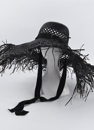 Широкополий літній солом'яний капелюх із посатаними полями та зав'язками чорний2 фото