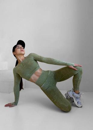 Безшовний жіночий спортивний фітнес костюм мармур мрамор хакі зелений оливка лосини пуш-ап та кофта рашгард