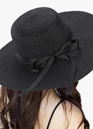 Шляпа женская летняя с полями 10 см и черной лентой черная3 фото