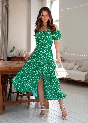 Зеленое хлопковое платье с разрезом3 фото