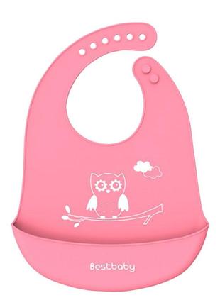Нагрудник дитячий bestbaby bs-8807 сова pink слюнявчик силіконовий з кишенею для малюків (k-201s)1 фото