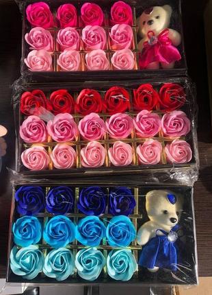 Розы из мыла на подарок, мыльные розы, подарочные наборы мыла из роз с мишкой,  сувенирное мыло ku_22