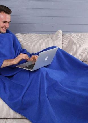 Зігріваючий ковдру плед халат з рукавами для читання і кишенями, рукоплед теплий флісовий синій 180х150 см4 фото