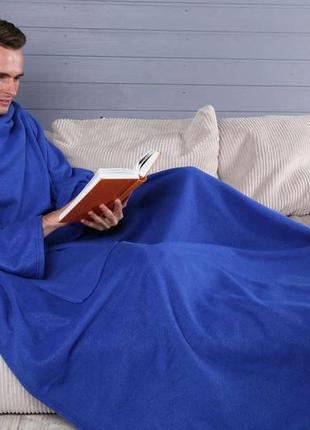 Зігріваючий ковдру плед халат з рукавами для читання і кишенями, рукоплед теплий флісовий синій 180х150 см3 фото
