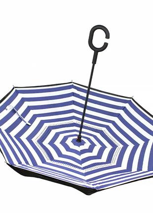 Зонт наоборот up-brella сине-белые полосы смарт-зонт обратного складывания механический ветрозащитный gold2 фото