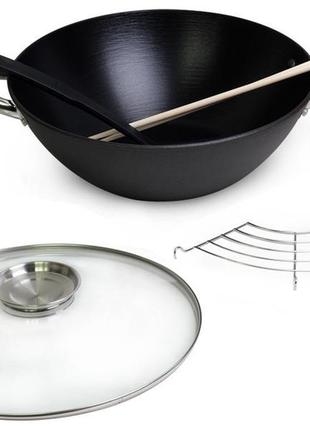 Сковорода wok  сковорода wok с крышкой чугунная с антипригарным покрытием 32 см kamille km-4807mr  gl_55