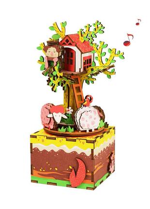 ✅ музична дерев'яна шкатулка-конструктор robotime am408 будиночок на дереві gold