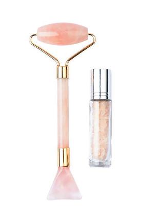 Набір ролер для масажу обличчя + пляшка lesko fj198 рожевий кварц із натурального каменю (k-528s)