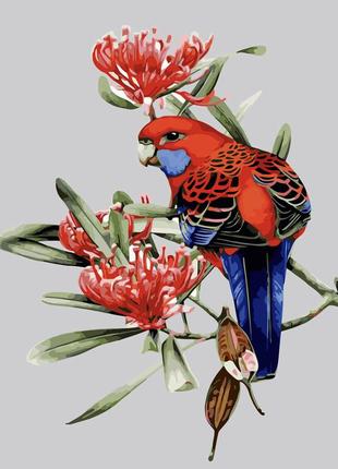 Картина за номерами strateg преміум sy6035 папуга у квітах з лаком та рівнем розміром 40х50 см «strateg»