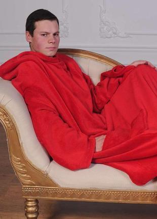 Согревающее одеяло плед халат с рукавами для чтения и карманами, рукоплед из микрофибры красный 200х150 см