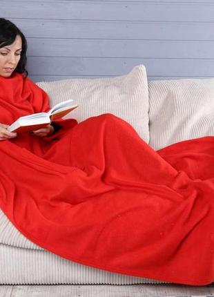 Зігріваючий ковдру плед халат з рукавами для читання і кишенями, рукоплед теплий флісовий червоний 180х150 см3 фото