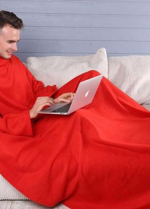 Зігріваючий ковдру плед халат з рукавами для читання і кишенями, рукоплед теплий флісовий червоний 180х150 см7 фото