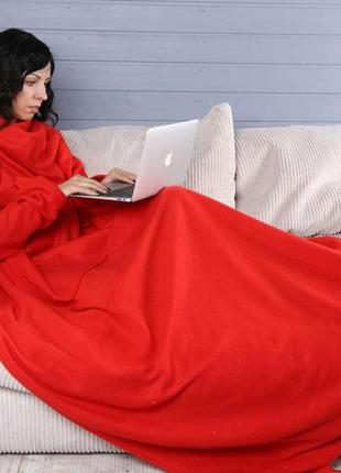 Зігріваючий ковдру плед халат з рукавами для читання і кишенями, рукоплед теплий флісовий червоний 180х150 см4 фото