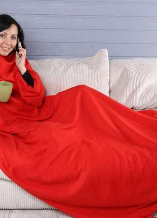 Зігріваючий ковдру плед халат з рукавами для читання і кишенями, рукоплед теплий флісовий червоний 180х150 см5 фото